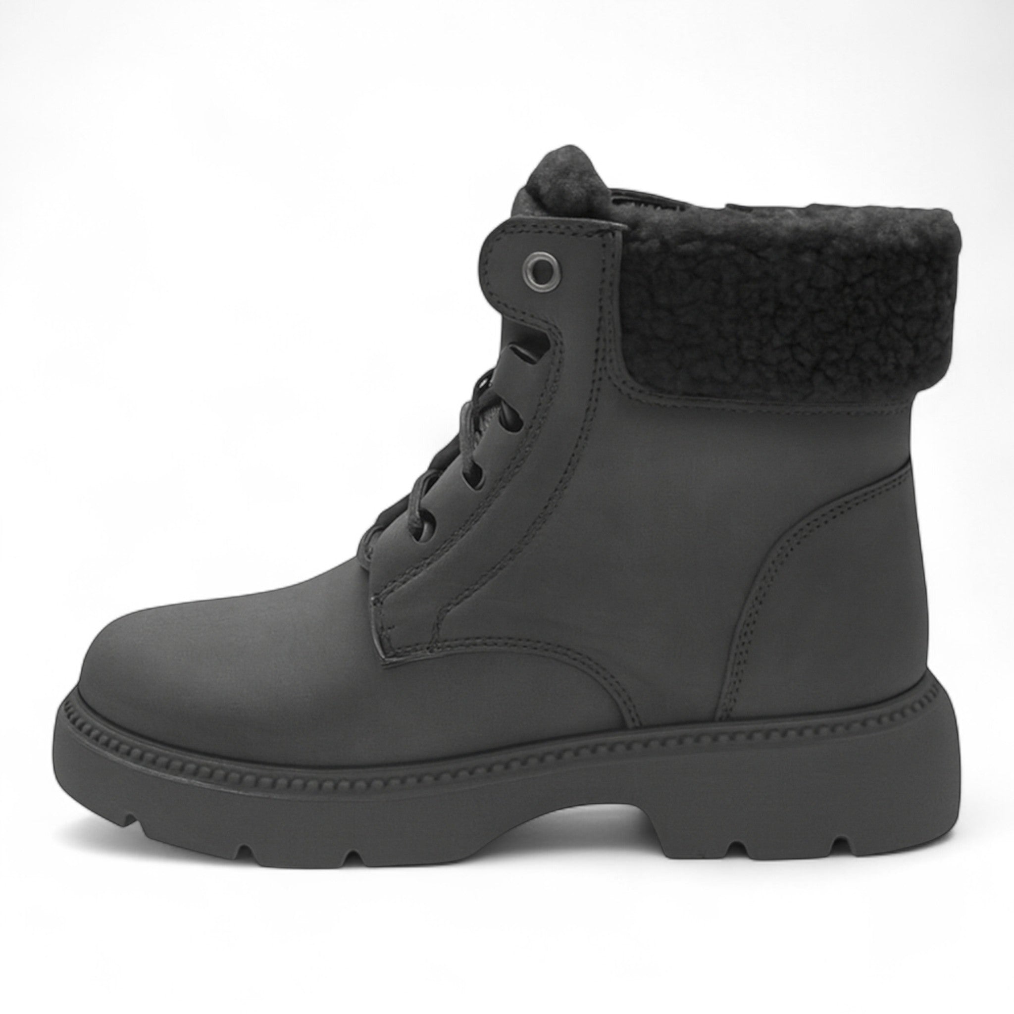 Ladies Dark Grey fleece-lined ankle boots with side zip and warm faux fur collar – stylish winter boots for women.